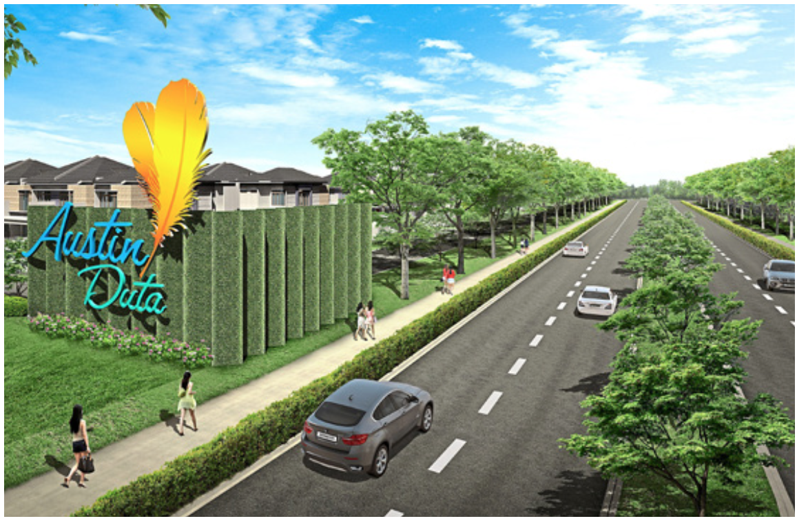 An artist's impression of the stately main entrance to Austin Duta, with the signature two yellow feathers from the lovebirds species making a home here, symbolising that paradise is found.