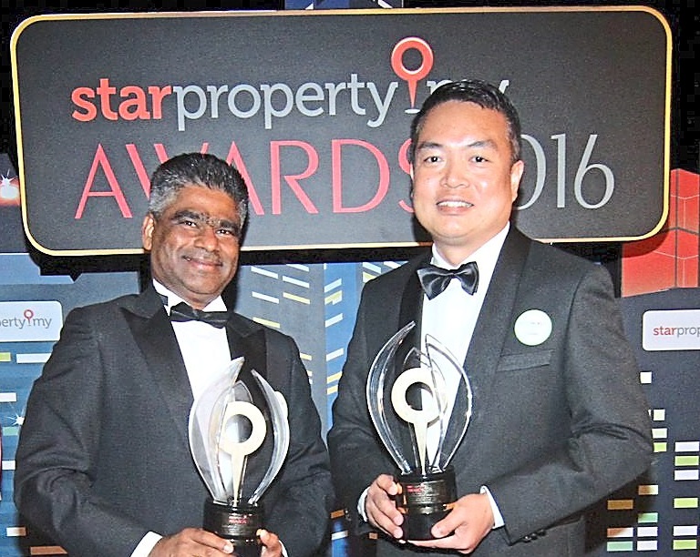 Eco World chief executive officer Datuk Chang Khim Wah and chief operating officer Datuk S. Rajoo celebrating their victory of The Earth Conscious Excellence Award and The Cornerstone Excellence Award.