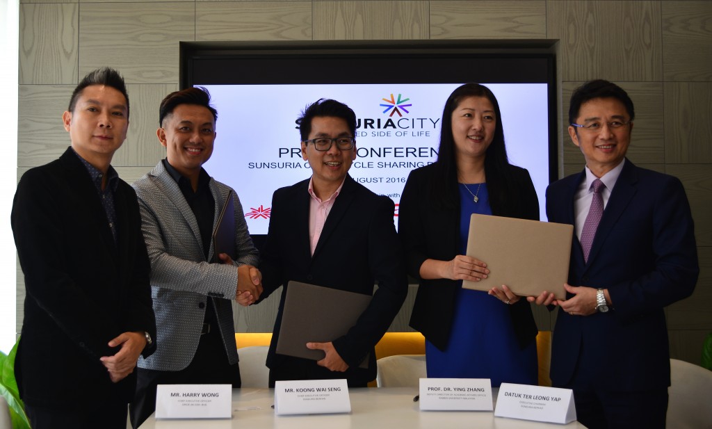 (From left) Oride (M) Sdn Bhd chief financial officer Nickmund Chow, chief executive officer Harry Wong, Sunsuria Berhad chief executive officer Koong Wai Seng, Xiamen University Malaysia academic affairs office deputy director Professor Dr. Ying Zhang and Sunsuria Berhad executive chairman Datuk Ter Leong Yap at the press conference at Sunsuria City sales gallery at Kota Damansara. 