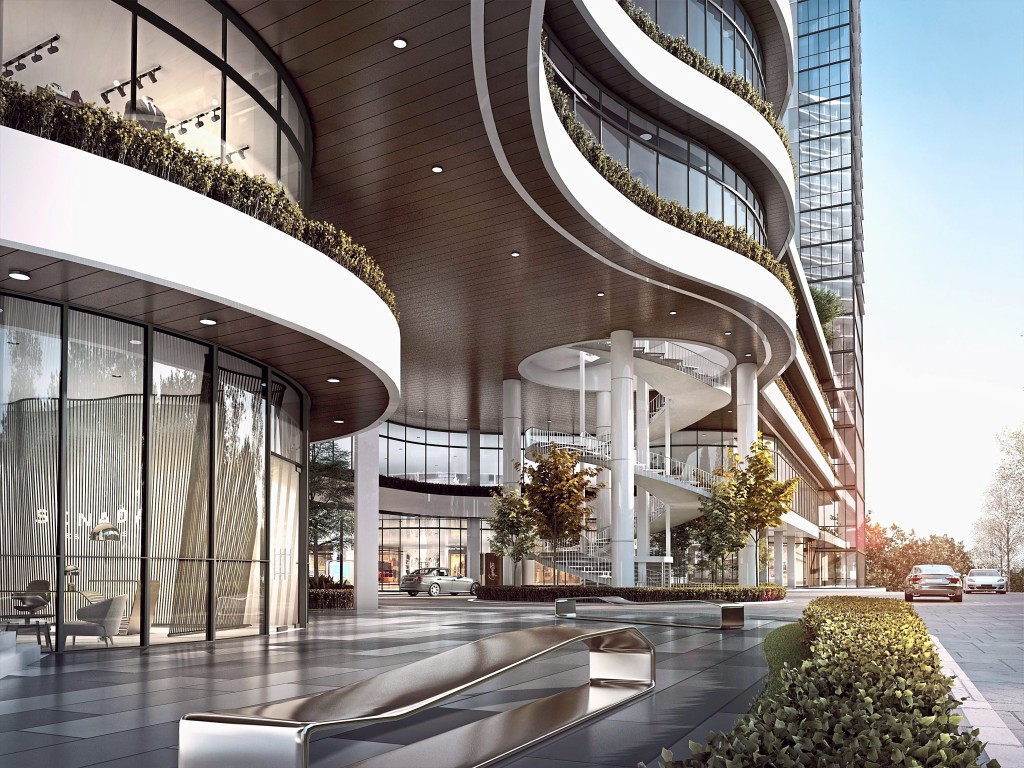 Artist's impression of the drop-off point for retail and residence.