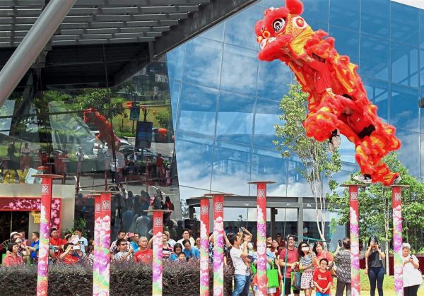 The Kun Seng Keng acrobatic lion dance troupe in a breathtaking leap at the entrance of the ICE Gallery, Pantai Sentral Park in Kuala Lumpur. — Photos: IBRA HIM MOHTAR /The Star