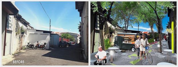An artist’s impression showing the before and after transformation of a backlane displayed at the forum held by the city council to gather stakeholders’ views on the proposed project to upgrade backlanes in George Town.