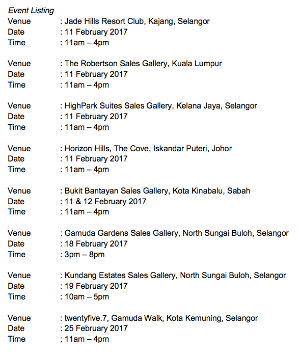 The event details for Gamuda Land CNY open houses.