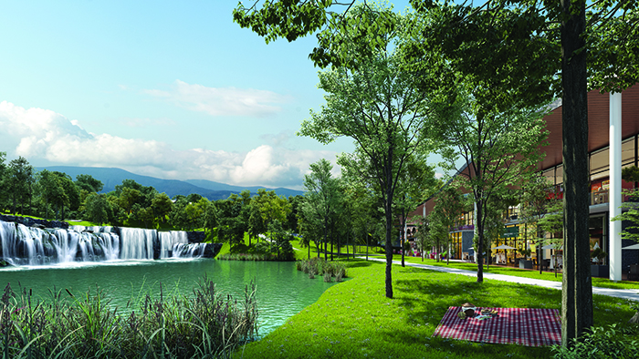 The Village, a shopping centre that is complimented by the view of a majestic waterfall