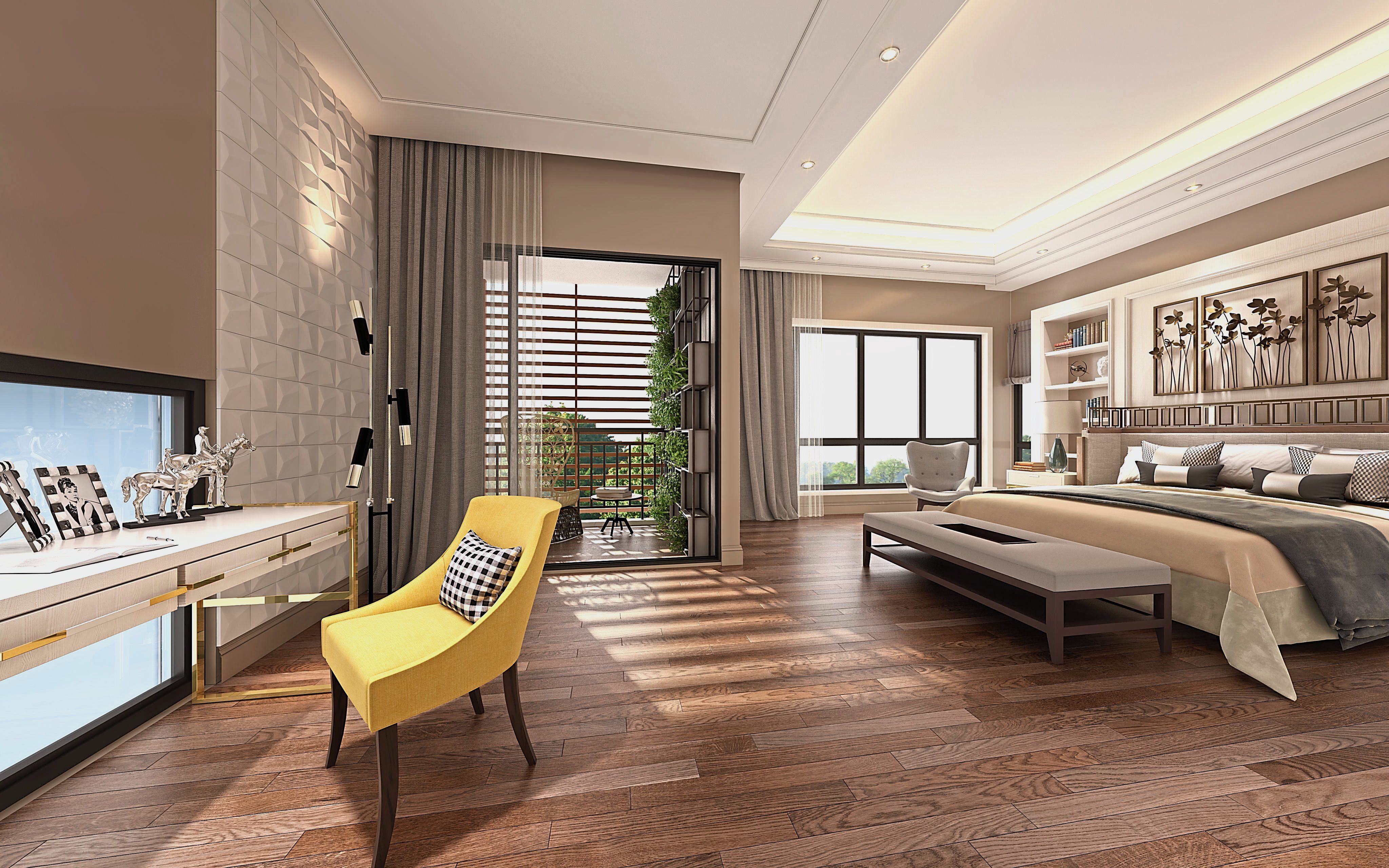 The bedrooms featured within the homes in Amber, invite the outdoors in due to huge windows that allow natural lighting to illuminate each residences’ interiors.