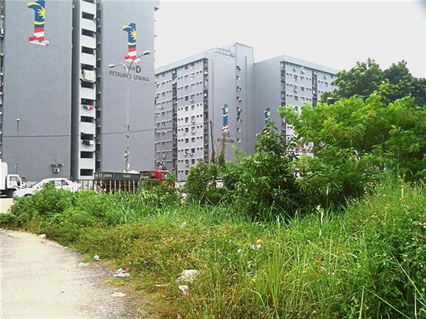 The original site (with bushes) along Jalan PJS 1/52, where the PJS1 Block E low-cost flat was supposed to have been built.
