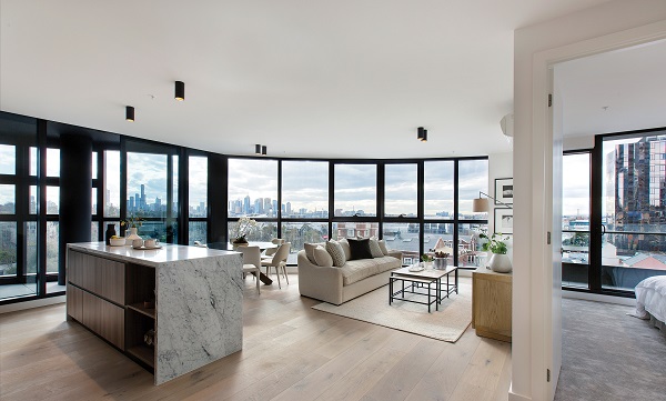 The newly opened show unit, located on 10th floor of 661 Chapel St showing the never-to-be-built-out view of Melbourne City and Yarra River.