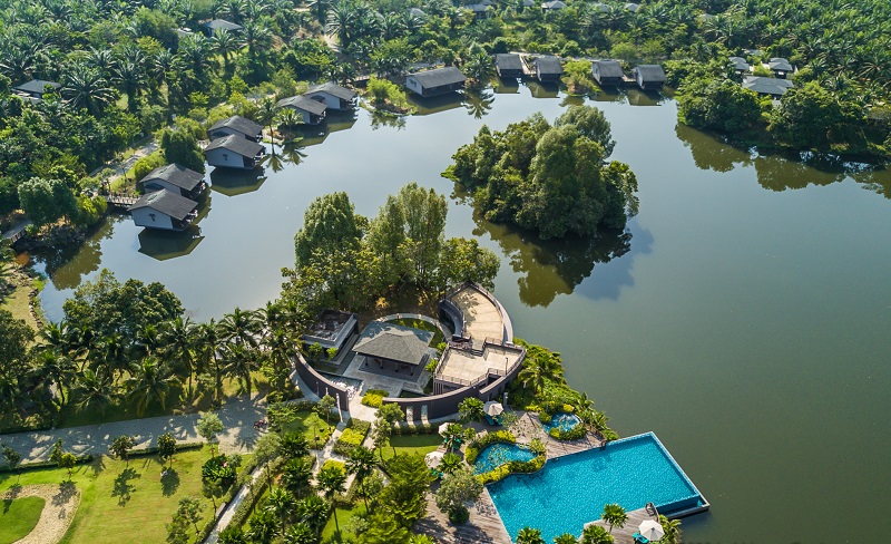 An aerial view of the Water (Jala) Villas and the resort’s surrounding area.