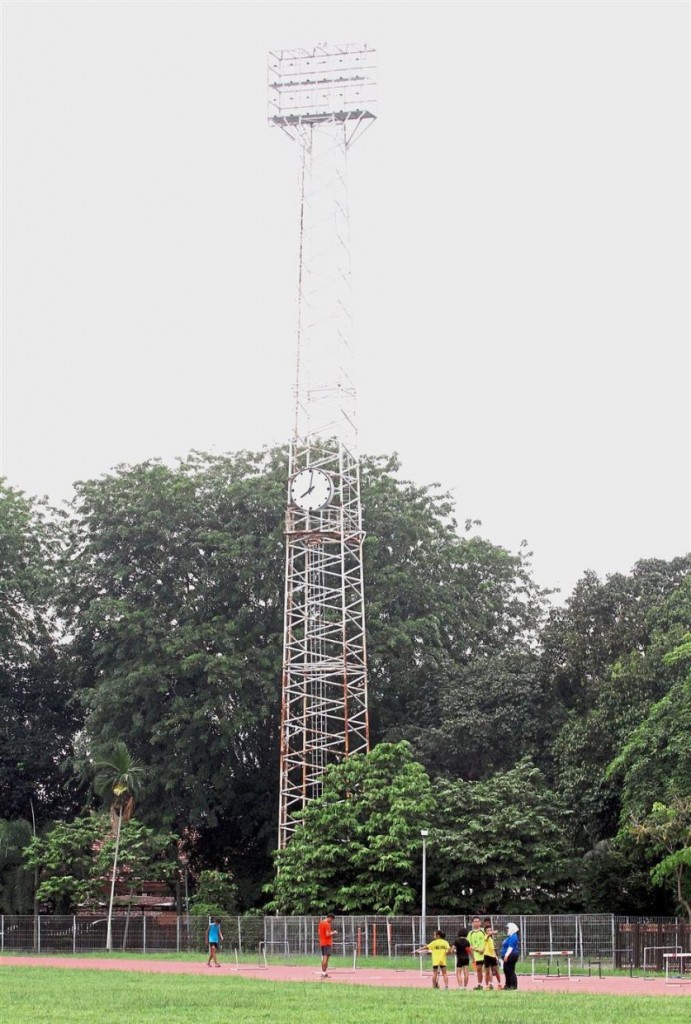 One of the four rusted triangular floodlight towers in the stadium is suffering from metal fatigue and needs to be replaced.