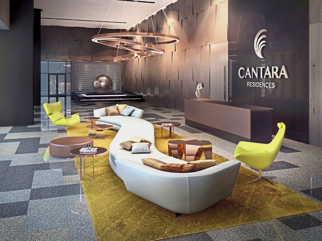 A stylish lobby greets the residents of Cantara Residences.