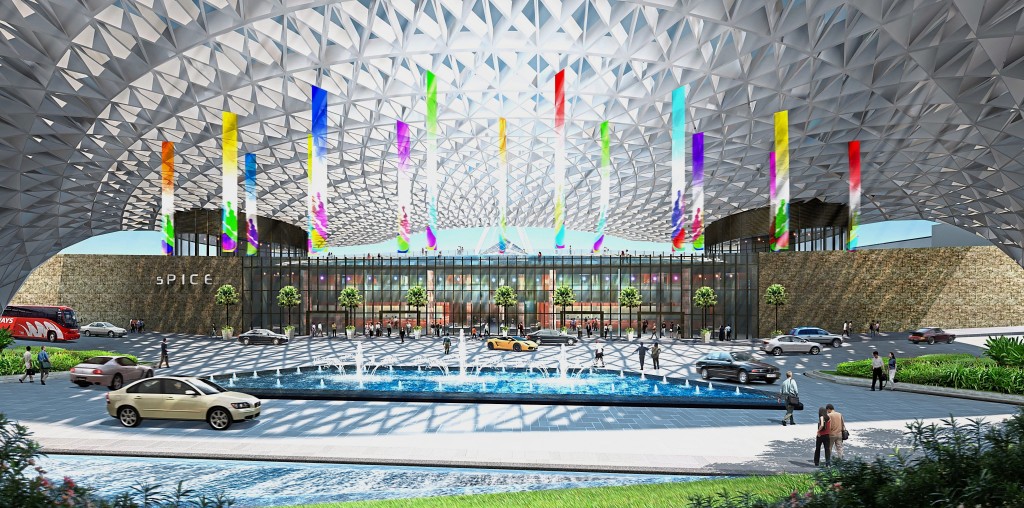 The majestic entrance of Setia SPICE in Penang is a masterpiece of modern architecture.