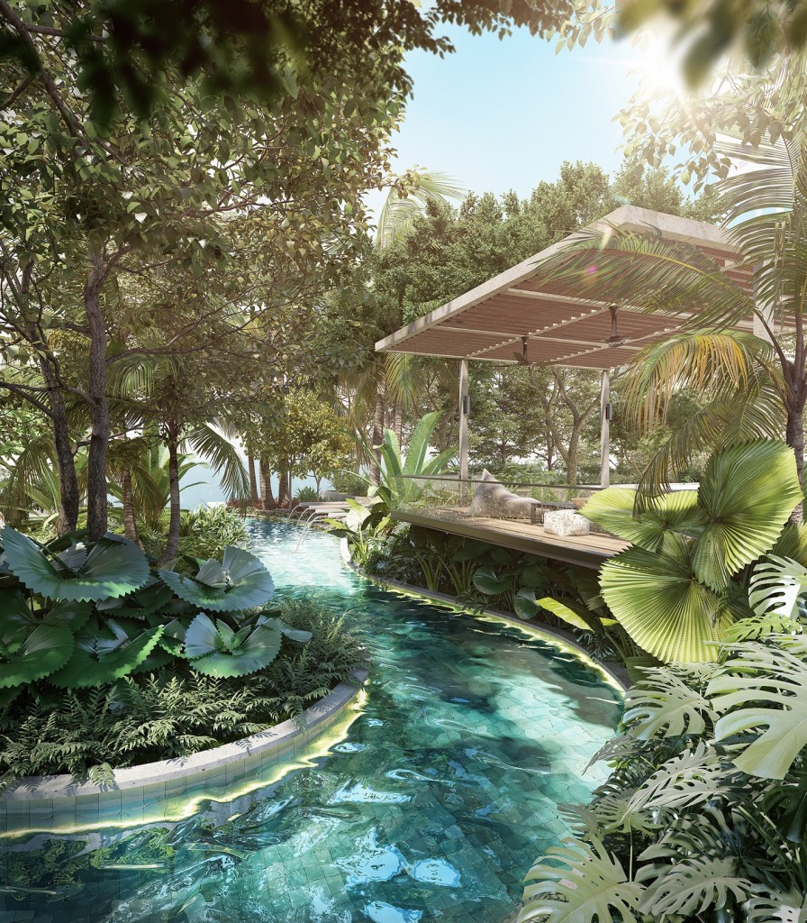 Gaia Residences offers resort inspired amenities – the ‘lazy river’ that flows into the swimming pool and well shaded by mature trees will be a good community gathering place for the residents