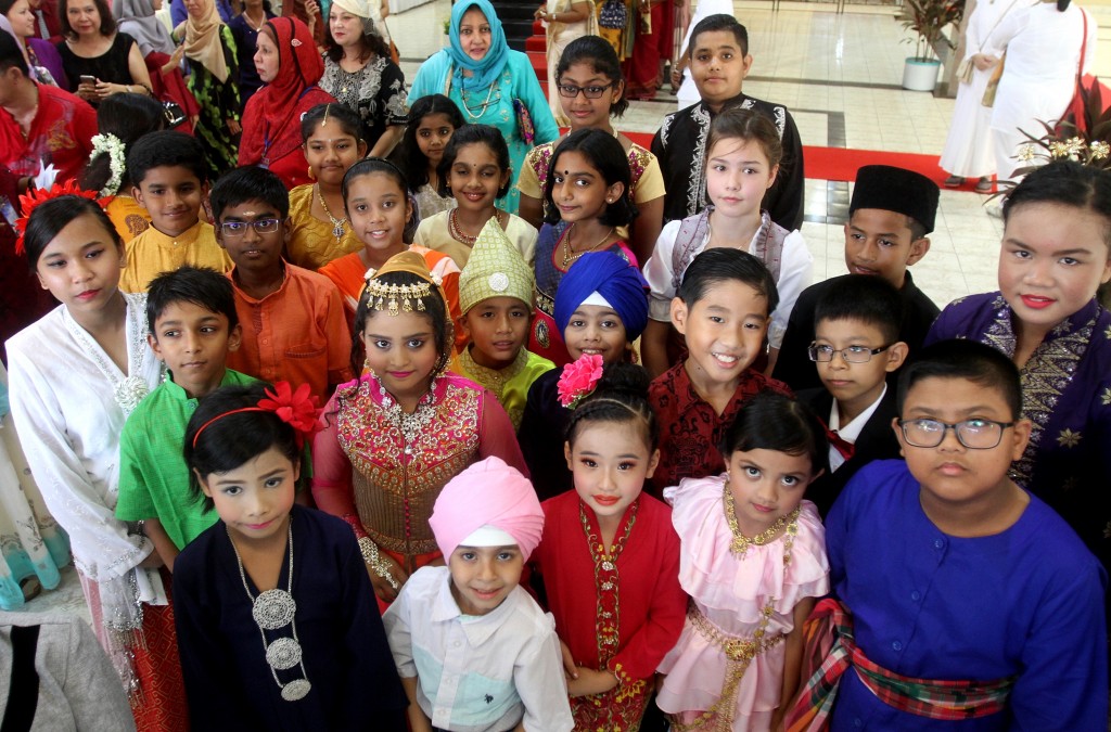 Children of various ethnic groups and religious denominations pictured together during the Perhimpunan Perdana Perpaduan (2019), in conjuntion with the Penang State Consultative Goodwill Council 15th anniversary celebration at Dewan Seri Pinang, George Town.
