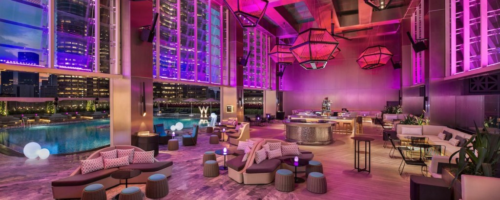 Relaxing deck with city skyline views.