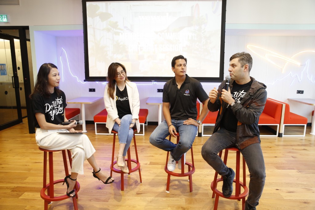 Second from left to right) Melisa Wang, Co-Founder and Chief Operating Officer, PostCo; Hans-Peter Ressel, Founder and CEO, Momentum Commerce, and Eyad Zahra, Head of Community and Member Experience, WeWork Southeast Asia engaging in a panel session on the benefits of being in a WeWork space and how community is powering their success.
