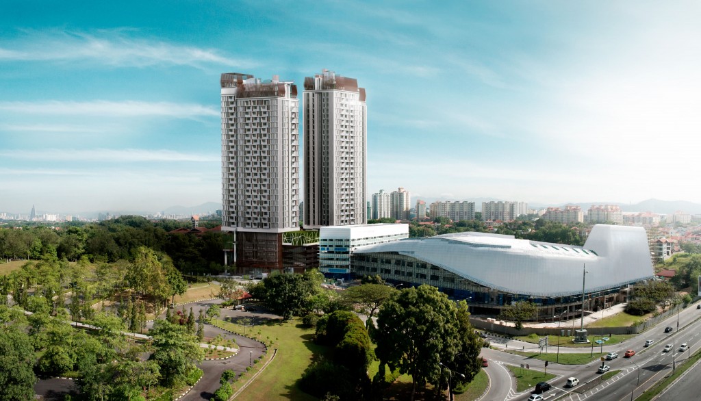 Panoramic view of Twin Arkz and its surroundings. Neighbouring establishments include the Bukit Jalil Golf Club, SMK Bukit Jalil, Technology Park Malaysia, Calvary Convention Centre, the stadium and LRT station.