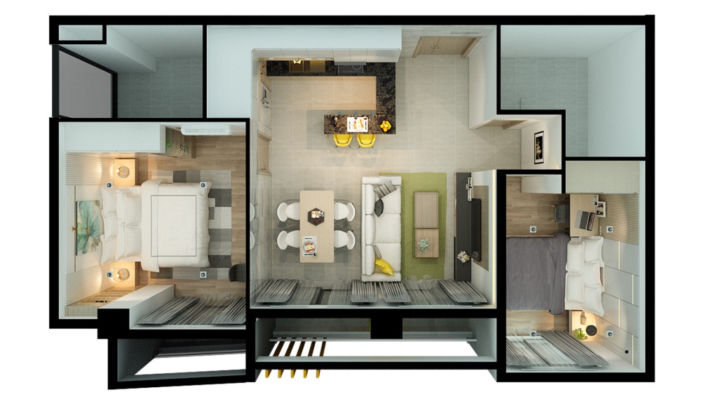 An overview of a typical two-bedroom unit at the BK Apartment.