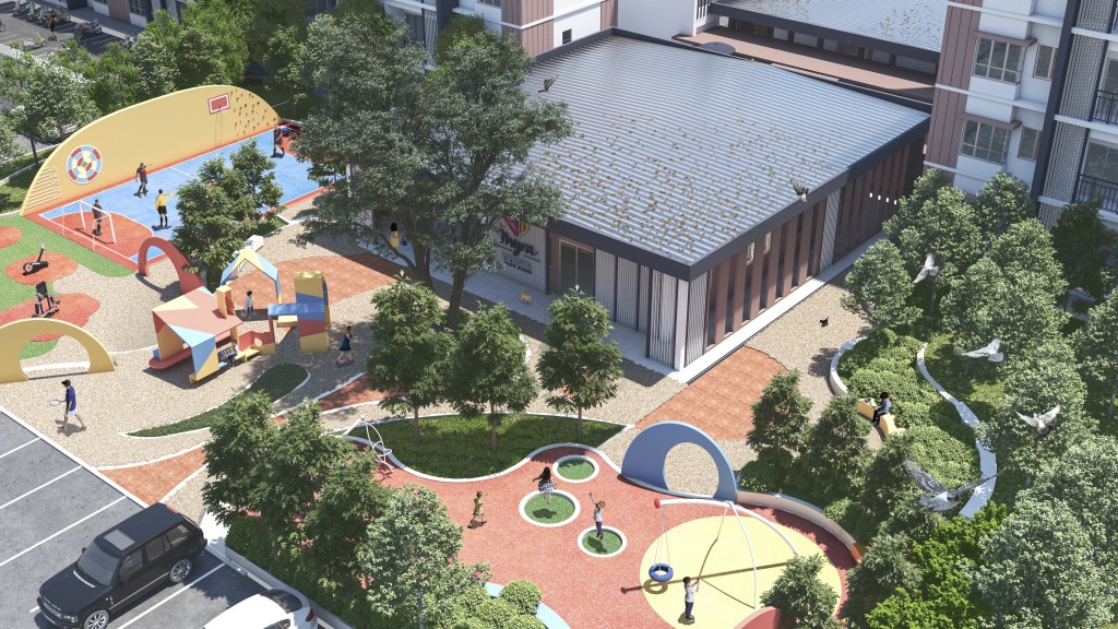 Condo-grade facilities include unusual outdoor spaces like a climbing wall and outdoor theater, a fun park with a trampoline, a performing platform, a celebration corner, as well as a game room and gym within the clubhouse.