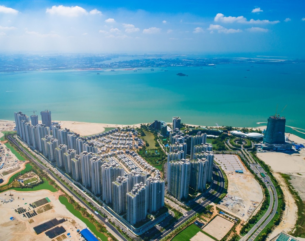 An aerial view of the completed towers on part of the first reclaimed island of Forest City.