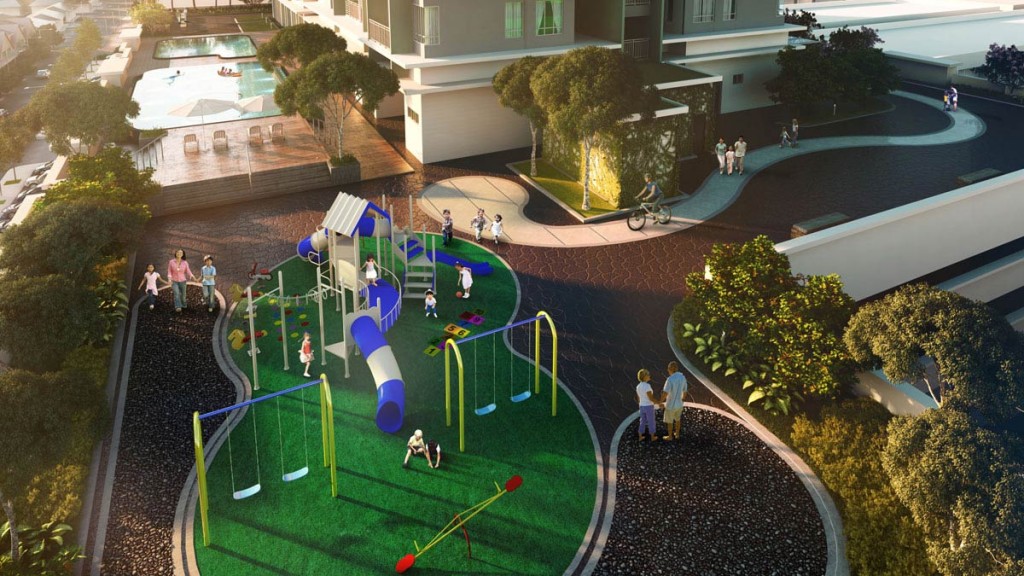 Cycling tracks meander the generous length of the development.