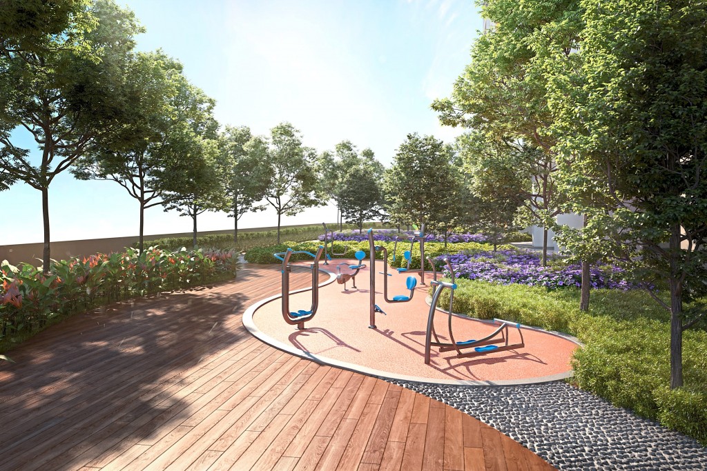 Ample sunlight, manicured hedges and tree-lined walkways make exercising a joy at the elevated fitness station.