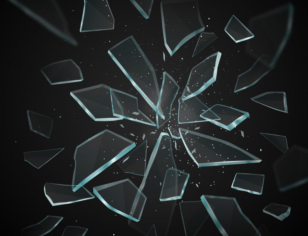 Broken glass shatters various geometric forms sharp pieces spreading and flying apart on black background vector illustration