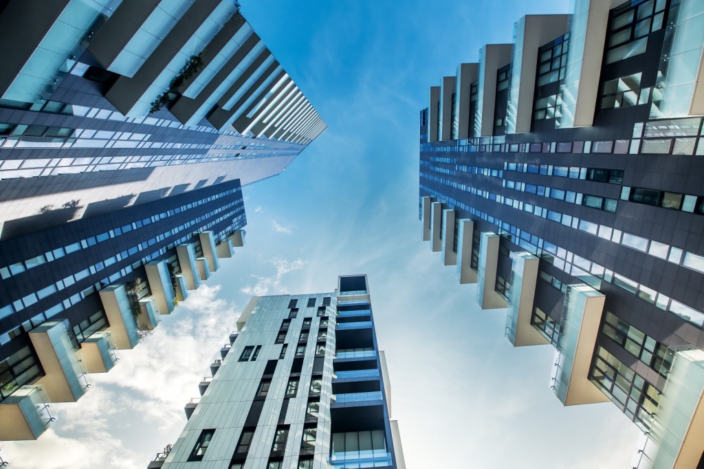 Low perspective of modern Milan apartment blocks