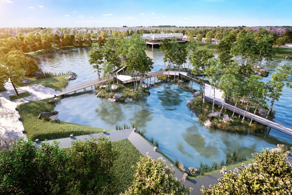 The lakeside promenade comprises two lakes measuring at combine size of about 13 acres.