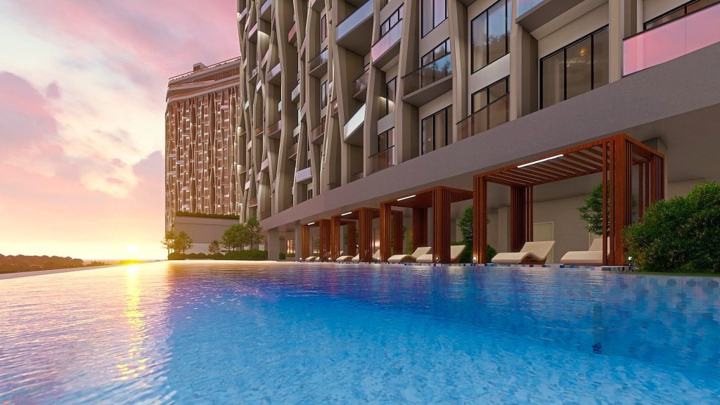 Stunning view overlooking the swimming pool and the fairways, set against beautiful sunsets.