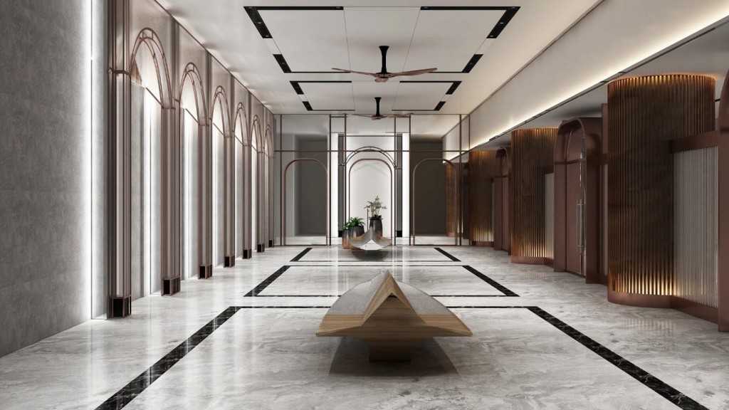 The main lobby entrance incorporates modern arch architrave and columns decorated with vertical stripe designs to create a rhythmic feel.