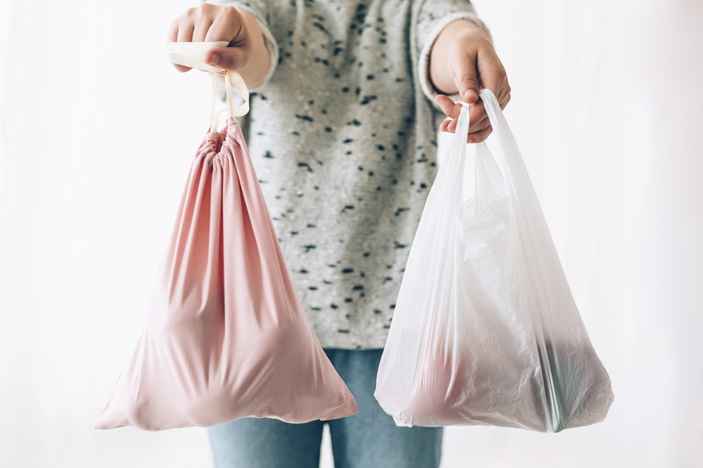 Woman holding in one hand groceries in reusable eco bag and in o