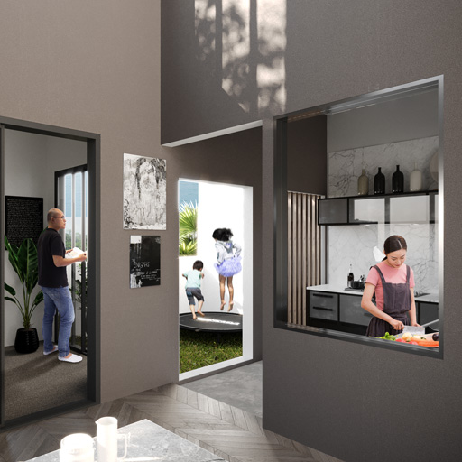 Open layouts in Illaria Hillside Homes create clear sightlines between spaces, allowing families to keep an eye on the children while they work.