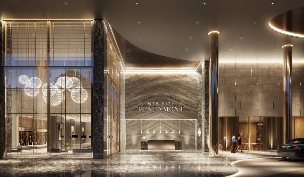 The elevators in the triple-volume Porte Coche in Trinity Pentamont that will be upgraded with contactless technology.