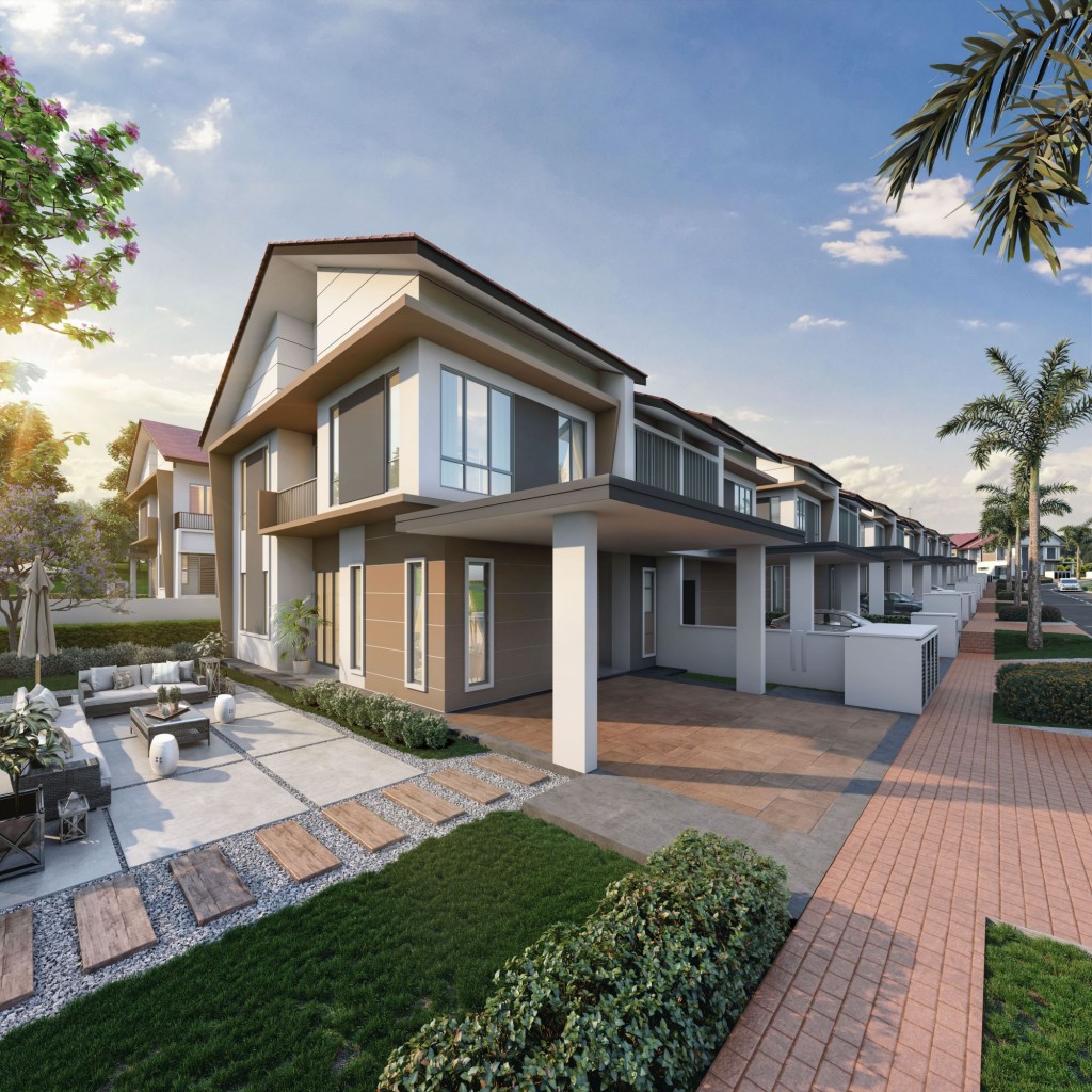 The modern tropical façade of Anggun 3 semi-detached homes in Bandar Kinrara adds an elegant touch.