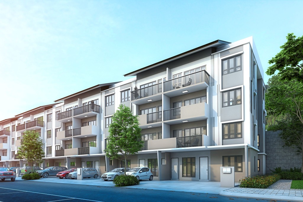 The front view of the four-storey townhouses.