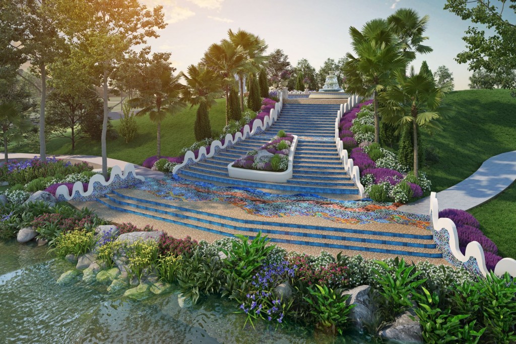 Spanish mosaic is paved along the majestic stairway, the Grand Steps which leads to the Alcazar Fountain.