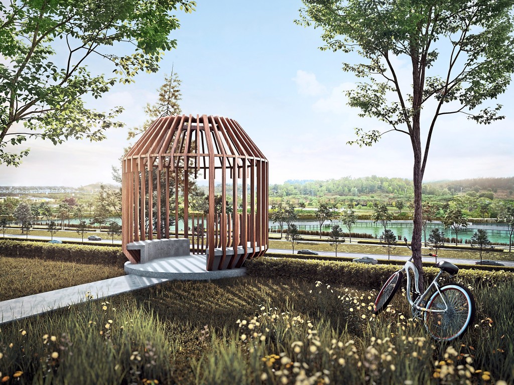 Residents and visitors can rest and enjoy the view of the 22-acre Wetland Park  from the viewing deck.