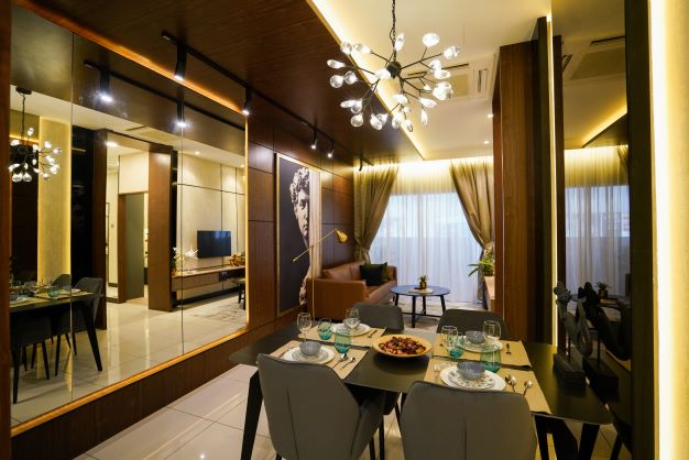 The showroom’s dining and living areas.