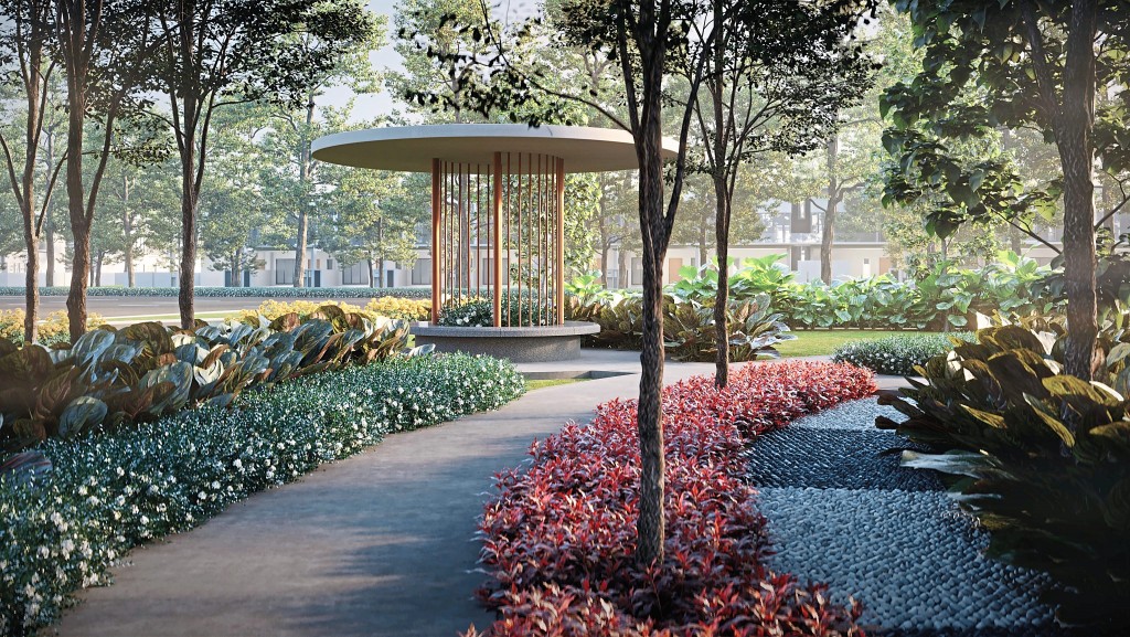 The Pavilion offers a resting area amidst the shade of nearby trees.