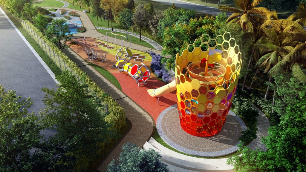 The 1.3-acre linear park will appeal to the residents' children.