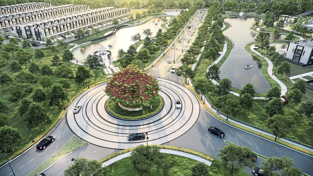A depiction of the impressive La Casa Lunas roundabout with the tree-line roads.