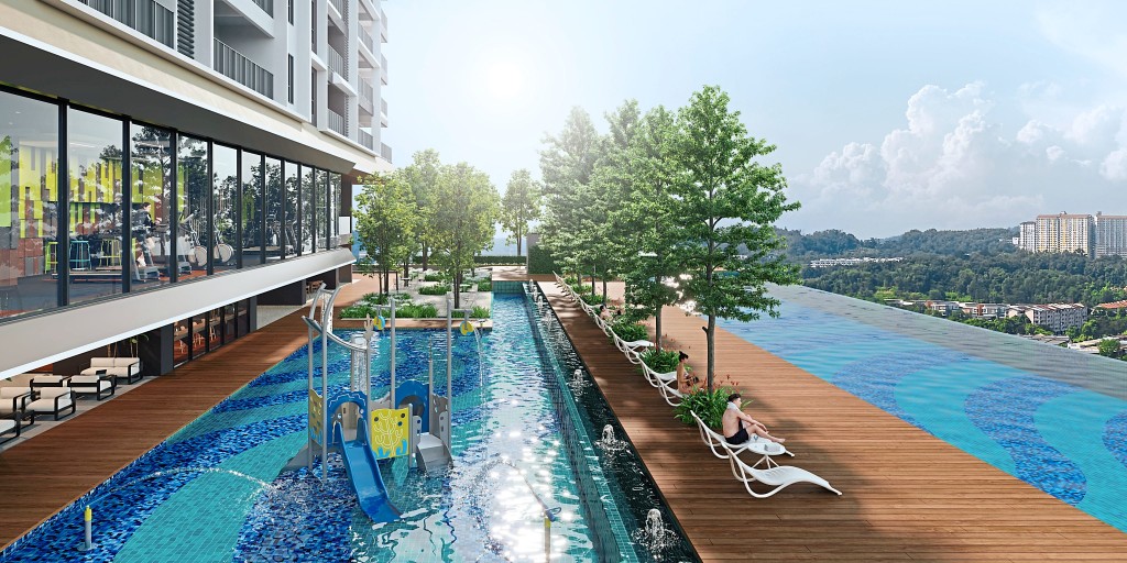 The poolside offers a relaxing spot for adults and children as well as a place to enjoy the view.