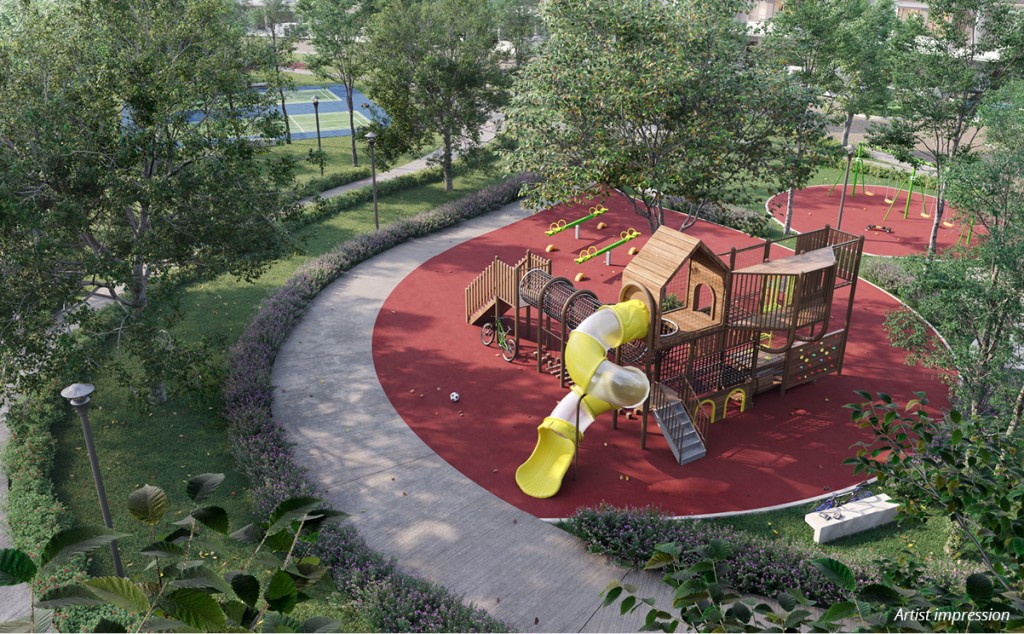 The children’s playground is within the cool shade of trees.