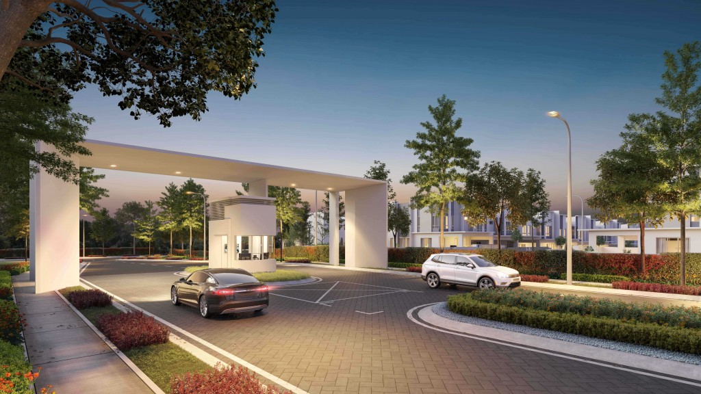 The entrance and guardhouse as residents exits and returns to the lakeside enclave.