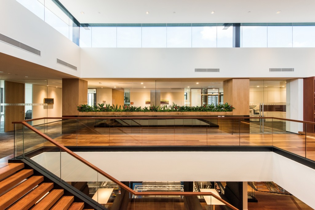 Ample natural lighting fills the interior through the central void although windows are generally sized narrowly to minimize heat gain.