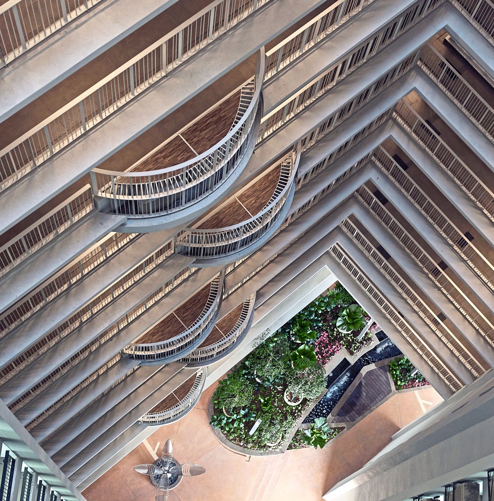 The central atrium is designed to drive air through the building for a natural cooling effect.