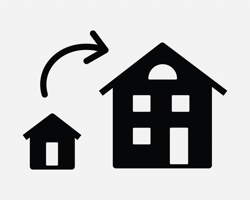 Upgrade House Icon. Big Bigger Home Apartment Condominium Upsize Large Larger Increase Up. Black White Graphic Clipart Artwork Symbol Sign Vector EPS