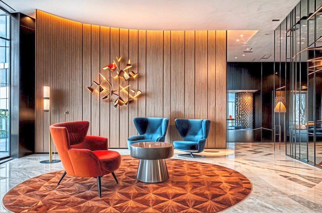 A visualisation of the luxurious foyer welcoming both residents and visitors alike.