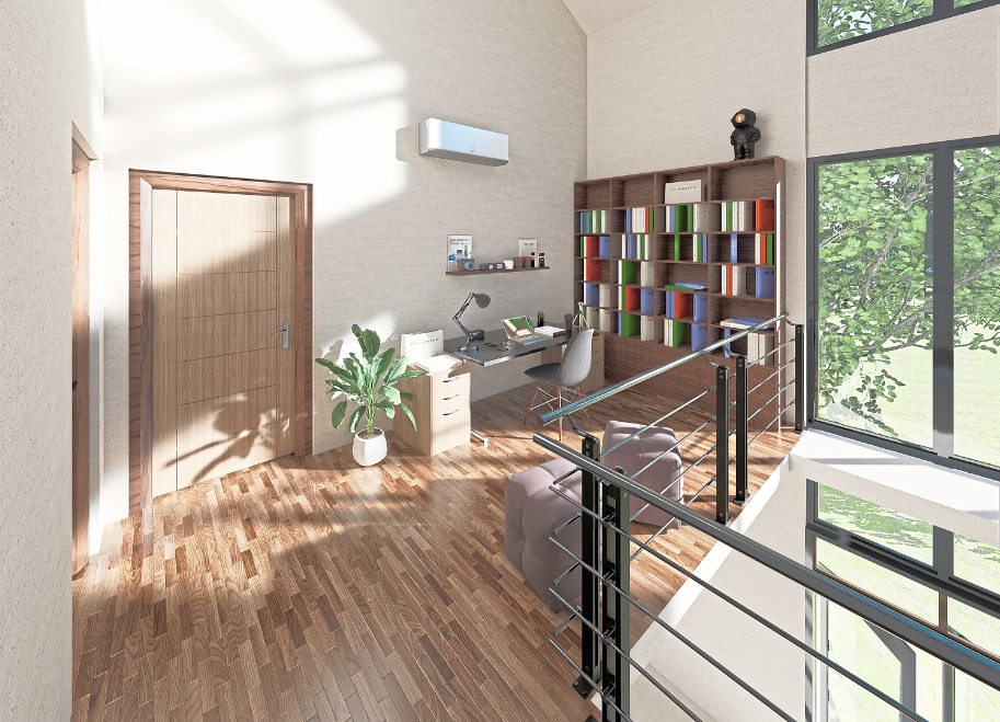 A depiction of the flexible foyer on the first floor which can easily be converted into a work space, mini library or private family area.