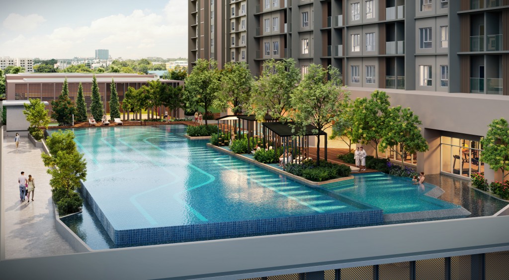 A visualisation of the infinity pool surrounded by greenery.